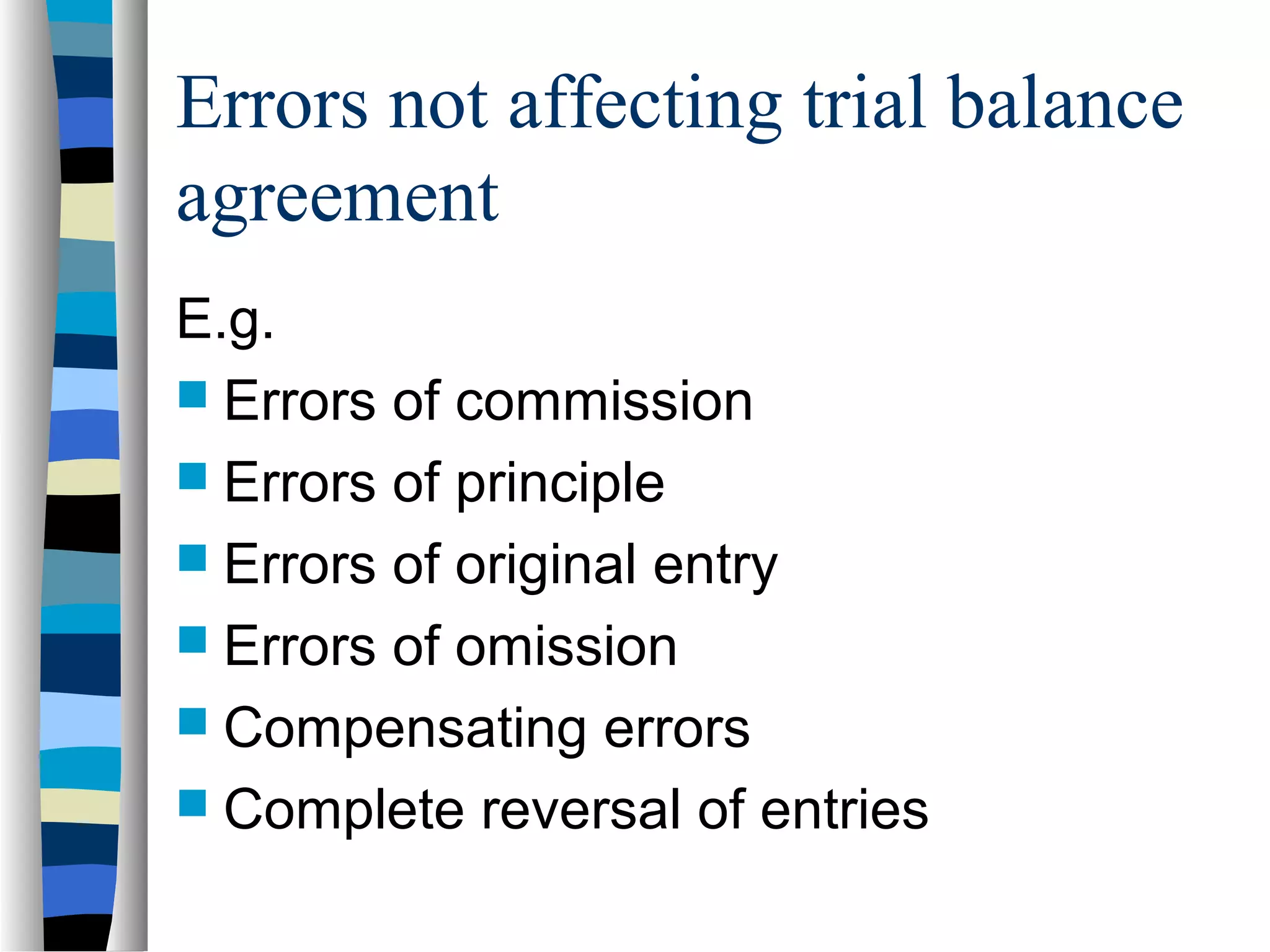 Errors not affecting trial balance
agreement
E.g.
 Errors of commission
 Errors of principle
 Errors of original entry
 Errors of omission
 Compensating errors
 Complete reversal of entries
 