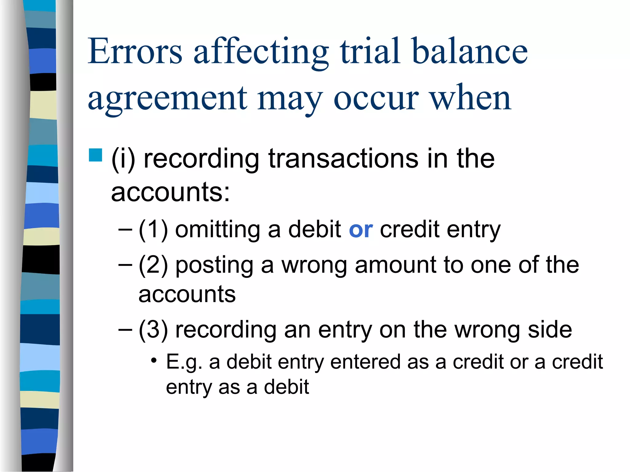 Errors affecting trial balance
agreement may occur when
 (i) recording transactions in the
accounts:
– (1) omitting a debit or credit entry
– (2) posting a wrong amount to one of the
accounts
– (3) recording an entry on the wrong side
• E.g. a debit entry entered as a credit or a credit
entry as a debit
 