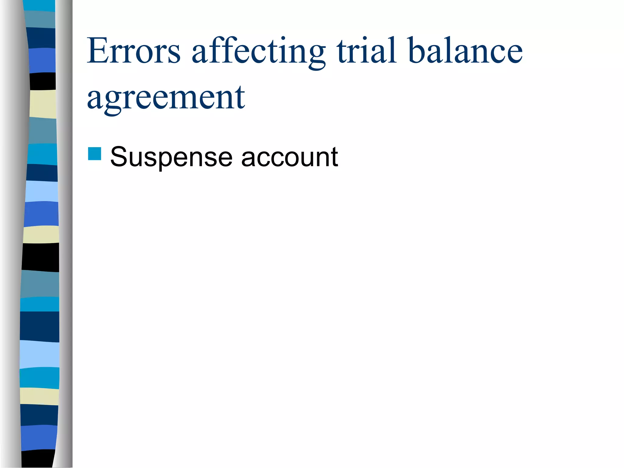 Errors affecting trial balance
agreement
 Suspense account
 