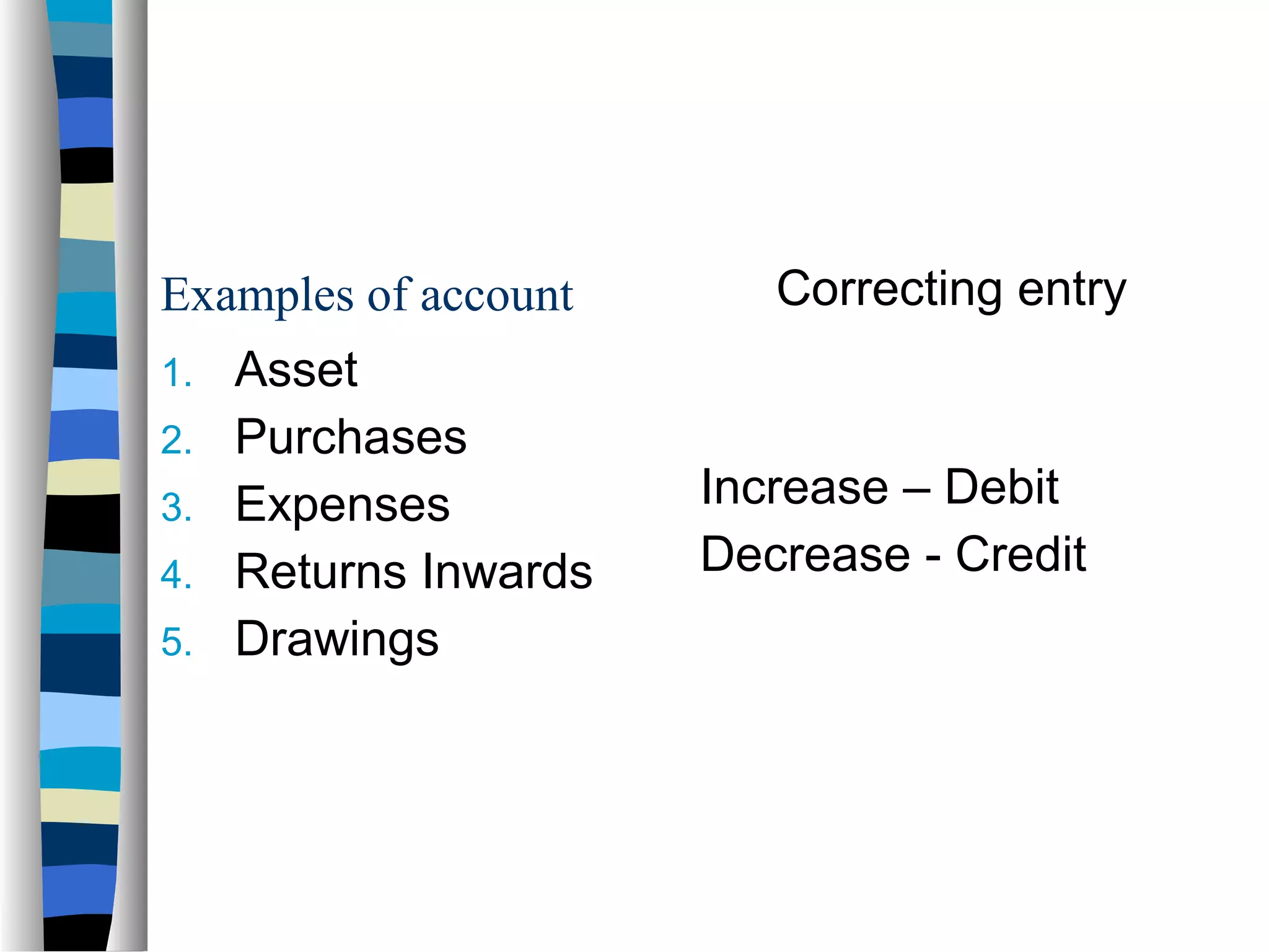 Correcting entry
1. Asset
2. Purchases
3. Expenses
4. Returns Inwards
5. Drawings
Increase – Debit
Decrease - Credit
Examples of account
 