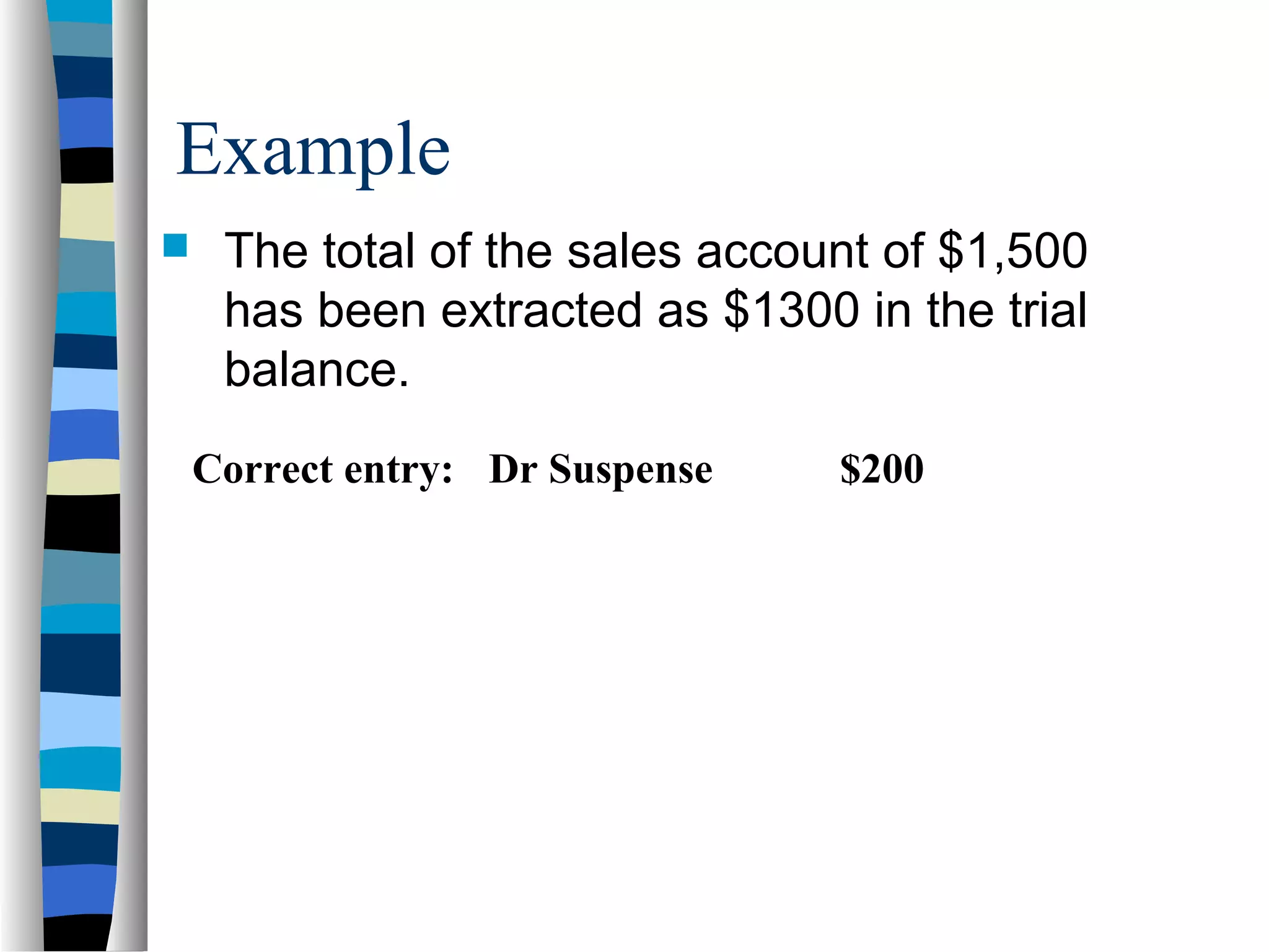 Correct entry: Dr Suspense $200
Example
 The total of the sales account of $1,500
has been extracted as $1300 in the trial
balance.
 