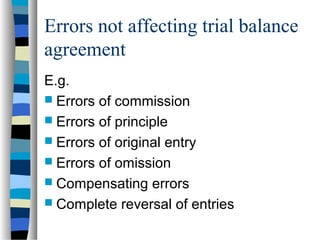 Errors not affecting trial balance
agreement
E.g.
 Errors of commission
 Errors of principle
 Errors of original entry
 Errors of omission
 Compensating errors
 Complete reversal of entries
 