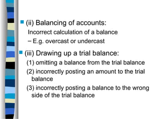  (ii) Balancing of accounts:
Incorrect calculation of a balance
– E.g. overcast or undercast
 (iii) Drawing up a trial balance:
(1) omitting a balance from the trial balance
(2) incorrectly posting an amount to the trial
balance
(3) incorrectly posting a balance to the wrong
side of the trial balance
 