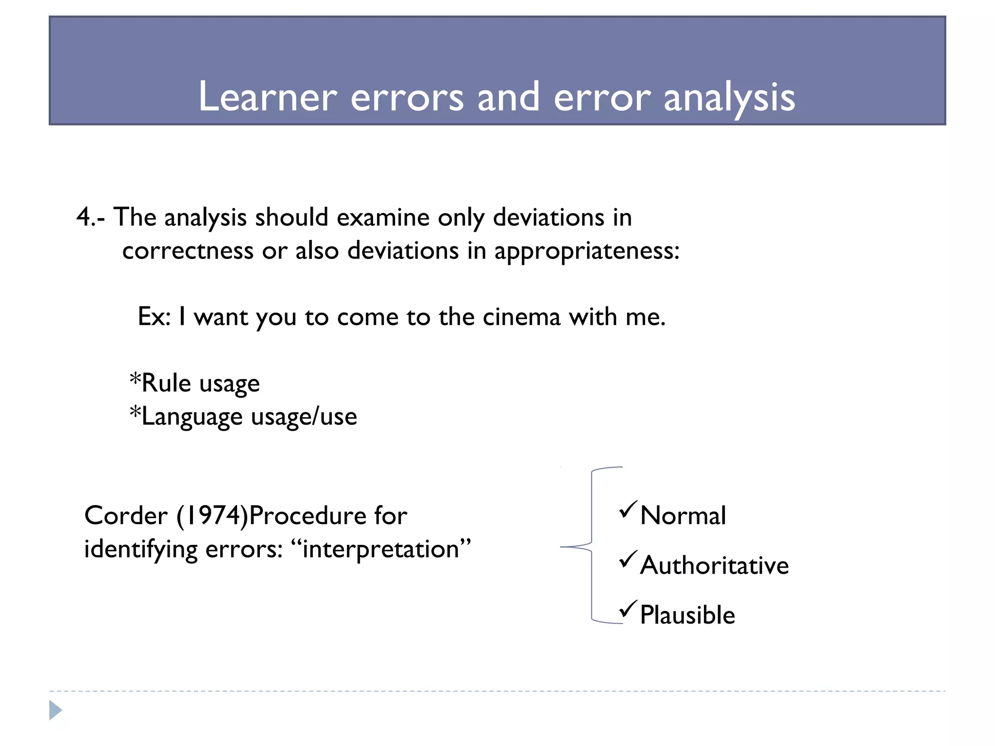 Learner errors and error analysis
4.- The analysis should examine only deviations in
correctness or also deviations in appropriateness:
Ex: I want you to come to the cinema with me.
*Rule usage
*Language usage/use
Corder (1974)Procedure for
identifying errors: “interpretation”
Normal
Authoritative
Plausible
 