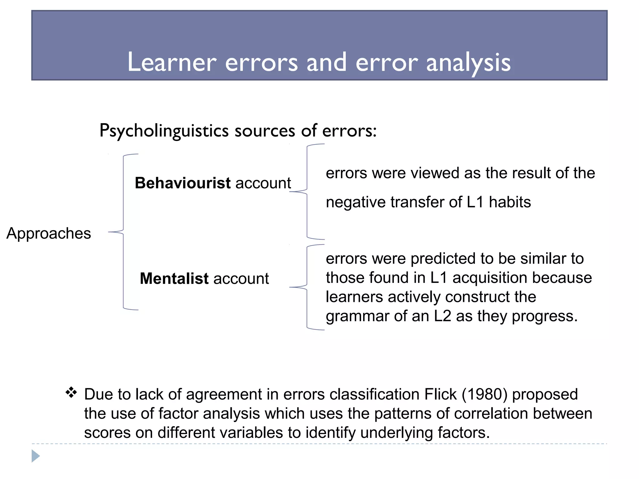 Learner errors and error analysis
Psycholinguistics sources of errors:
Approaches
Behaviourist account
Mentalist account
errors were viewed as the result of the
negative transfer of L1 habits
errors were predicted to be similar to
those found in L1 acquisition because
learners actively construct the
grammar of an L2 as they progress.
 Due to lack of agreement in errors classification Flick (1980) proposed
the use of factor analysis which uses the patterns of correlation between
scores on different variables to identify underlying factors.
 