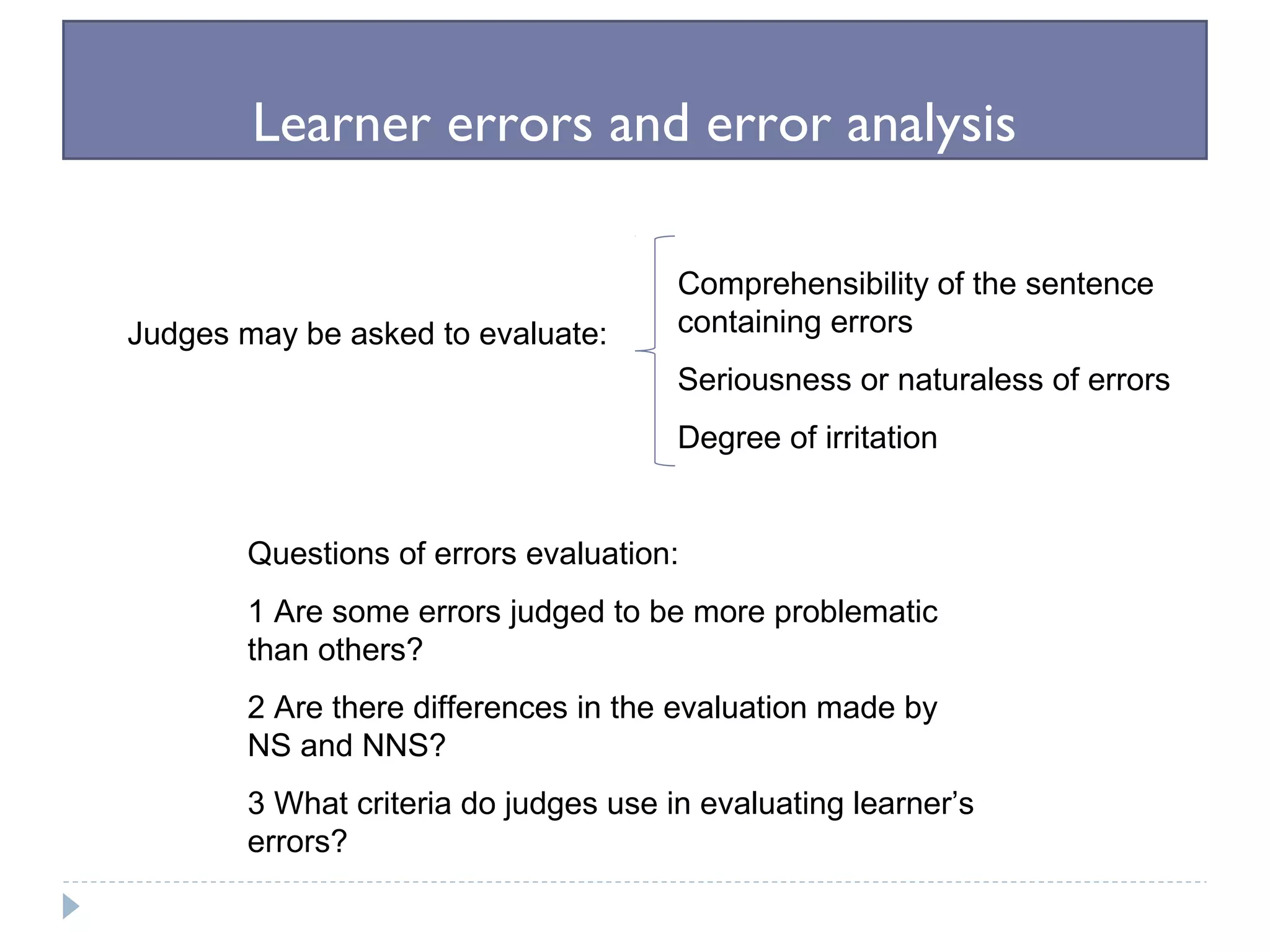 Learner errors and error analysis
Judges may be asked to evaluate:
Comprehensibility of the sentence
containing errors
Seriousness or naturaless of errors
Degree of irritation
Questions of errors evaluation:
1 Are some errors judged to be more problematic
than others?
2 Are there differences in the evaluation made by
NS and NNS?
3 What criteria do judges use in evaluating learner’s
errors?
 