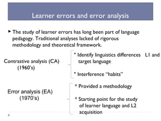 Learner errors and error analysis
 The study of learner errors has long been part of language
pedagogy. Traditional analyses lacked of rigorous
methodology and theoretical framework.
Contrastive analysis (CA)
(1960’s)
Error analysis (EA)
(1970’s)
* Identify linguistics differences L1 and
target language
* Interference “habits”
* Provided a methodology
* Starting point for the study
of learner language and L2
acquisition
 