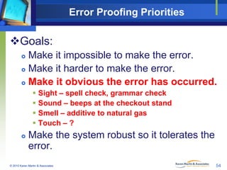 Error Proofing Priorities

Goals:
Make it impossible to make the error.
 Make it harder to make the error.
 Make it obv...