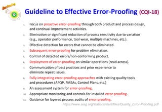 Guideline to Effective Error-Proofing (CQI-18)
1. Focus on proactive error-proofing through both product and process design,
and continual improvement activities.
2. Elimination or significant reduction of process sensitivity due to variation
(e.g., operator performance, tool wear, multiple machines, etc.).
3. Effective detection for errors that cannot be eliminated.
4. Subsequent error-proofing for problem elimination.
5. Control of detected errors/non-conforming product.
6. Deployment of error-proofing on similar operations (read across).
7. Communication of best practices and prior experience to
eliminate repeat issues.
8. Fully integrating error-proofing approaches with existing quality tools
and procedures (APQP, FMEAs, Control Plans, etc.)
9. An assessment system for error-proofing.
10. Appropriate monitoring and controls for installed error proofing.
11. Guidance for layered process audits of error-proofing.
26
https://www.aiag.org/staticcontent/files/Quality_Error-Proofing.pdf
 