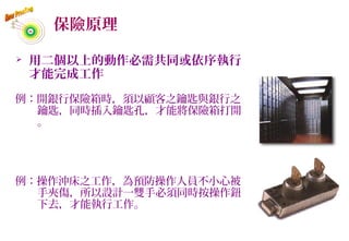 保險原理
 用二個以上的動作必需共同或依序執行
才能完成工作
例：開銀行保險箱時，須以顧客之鑰匙與銀行之
鑰匙，同時插入鑰匙孔，才能將保險箱打開
。
例：操作沖床之工作，為預防操作人員不小心被
手夾傷，所以設計一雙手必須同時按操作鈕
下去，才能執行工作。
54
 