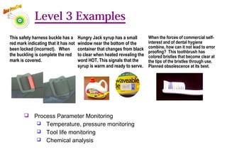 Level 3 Examples
This safety harness buckle has a
red mark indicating that it has not
been locked (incorrect).  When
the buckling is complete the red
mark is covered.
Hungry Jack syrup has a small
window near the bottom of the
container that changes from black
to clear when heated revealing the
word HOT. This signals that the
syrup is warm and ready to serve.
When the forces of commercial self-
interest and of dental hygiene
combine, how can it not lead to error
proofing? This toothbrush has
colored bristles that become clear at
the tips of the bristles through use.
Planned obsolescence at its best.
 Process Parameter Monitoring
 Temperature, pressure monitoring
 Tool life monitoring
 Chemical analysis
78
 