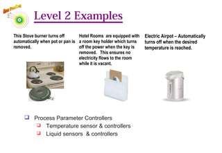 Level 2 Examples
This Stove burner turns off
automatically when pot or pan is
removed.
Hotel Rooms are equipped with
a room key holder which turns
off the power when the key is
removed.  This ensures no
electricity flows to the room
while it is vacant.
Electric Airpot – Automatically
turns off when the desired
temperature is reached.
 Process Parameter Controllers
 Temperature sensor & controllers
 Liquid sensors & controllers
81
 