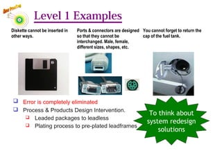 Level 1 Examples
Diskette cannot be inserted in
other ways.
Ports & connectors are designed
so that they cannot be
interchanged. Male, female,
different sizes, shapes, etc.
You cannot forget to return the
cap of the fuel tank.
 Error is completely eliminated
 Process & Products Design Intervention.
 Leaded packages to leadless
 Plating process to pre-plated leadframes
To think about
system redesign
solutions
83
 