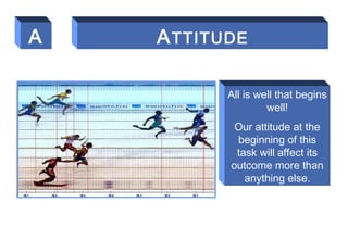 A ATTITUDE
All is well that begins
well!
Our attitude at the
beginning of this
task will affect its
outcome more than
anything else.
86
 