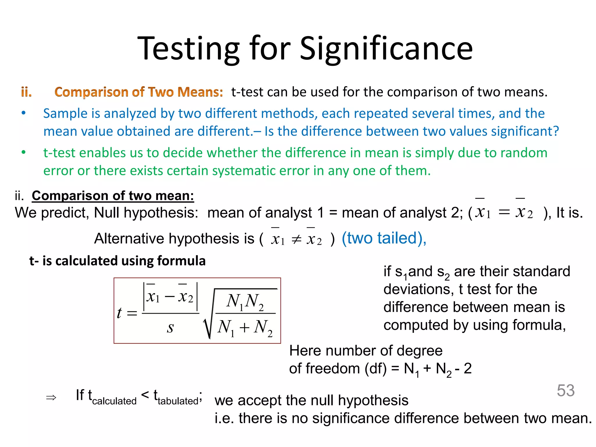 Testing for Significance
t-test can be used for the comparison of two means.
• Sample is analyzed by two different methods, each repeated several times, and the
mean value obtained are different.– Is the difference between two values significant?
• t-test enables us to decide whether the difference in mean is simply due to random
error or there exists certain systematic error in any one of them.
21 xx 
21 xx 
1 2
1 2
1 2
x x N N
t
s N N




ii. Comparison of two mean:
We predict, Null hypothesis: mean of analyst 1 = mean of analyst 2; ( ), It is.
Alternative hypothesis is ( ) (two tailed),
if s1and s2 are their standard
deviations, t test for the
difference between mean is
computed by using formula,
Here number of degree
of freedom (df) = N1 + N2 - 2
we accept the null hypothesis
i.e. there is no significance difference between two mean.
If tcalculated < ttabulated;
t- is calculated using formula
53
 