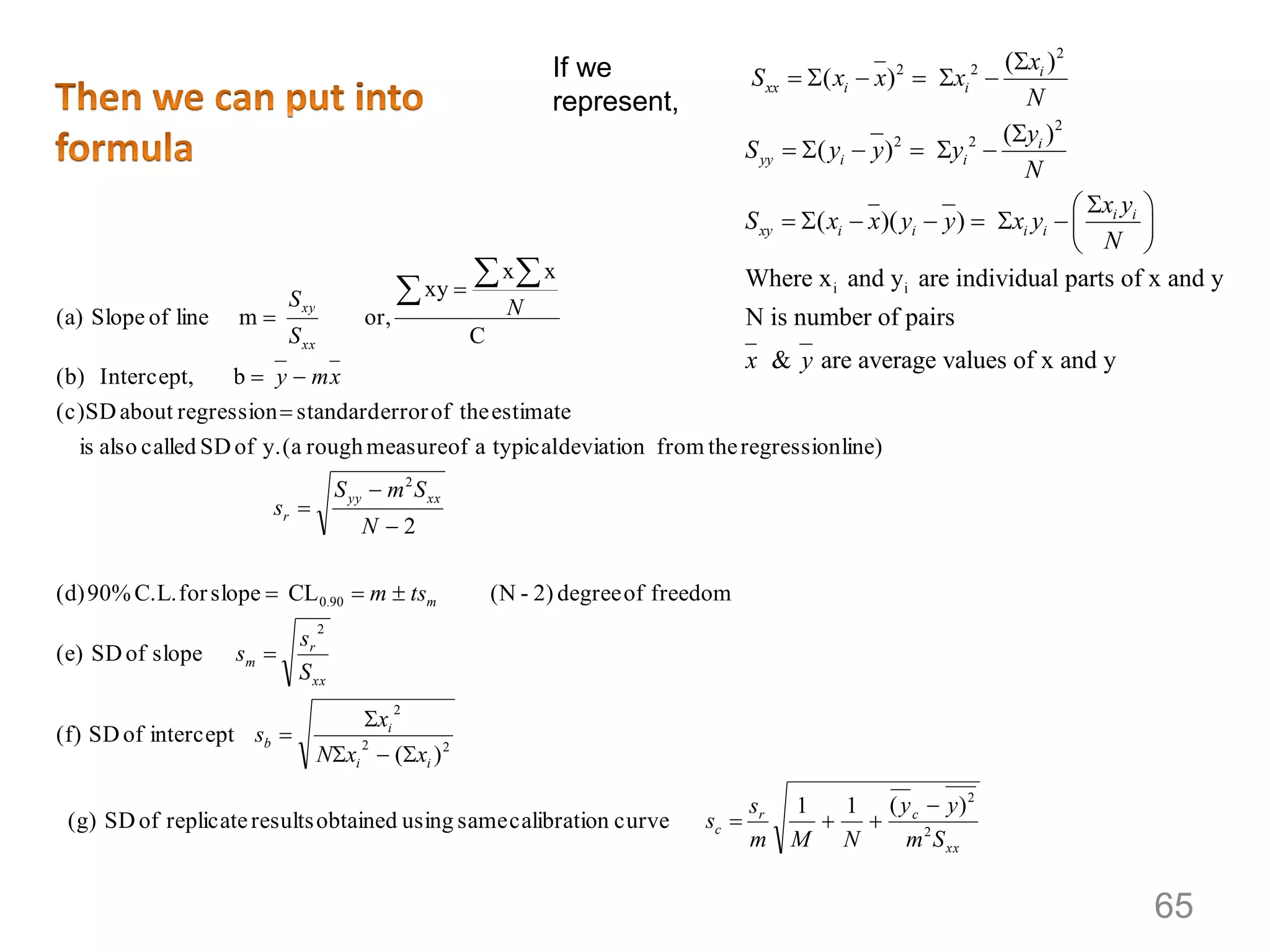 2
2 2
2
2 2
i i
( )
( )
( )
( )
( )( )
Where x and y are individual parts of x and y
N is number of pairs
& are average values of
i
xx i i
i
yy i i
i i
xy i i i i
x
S x x x
N
y
S y y y
N
x y
S x x y y x y
N
x y

     

     
 
       
 
x and y
)(11
curvencalibratiosameusingobtainedresultsreplicateofSD(g)
)(
interceptofSD(f)
slopeofSD(e)
freedomofdegree2)-(NCLslopeforC.L.90%(d)
2
line)regressionthefromdeviationtypicalaofmeasurerough(ay.ofSDcalledalsois
estimatetheoferrorstandardregressionaboutSD(c)
bIntercept,(b)
C
xx
xy
or,mlineofSlope(a)
2
2
22
2
2
0.90
2
xx
cr
c
ii
i
b
xx
r
m
m
xxyy
r
xx
xy
Sm
yy
NMm
s
s
xxN
x
s
S
s
s
tsm
N
SmS
s
xmy
N
S
S
















If we
represent,
65
 