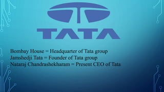 Bombay House = Headquarter of Tata group
Jamshedji Tata = Founder of Tata group
Nataraj Chandrashekharam = Present CEO of Tata
 