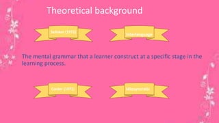 Theoretical background 
Selinker (1972) 
Interlanguage 
The mental grammar that a learner construct at a specific stage in the 
learning process. 
Corder (1971) Idiosyncratic 
10 
 