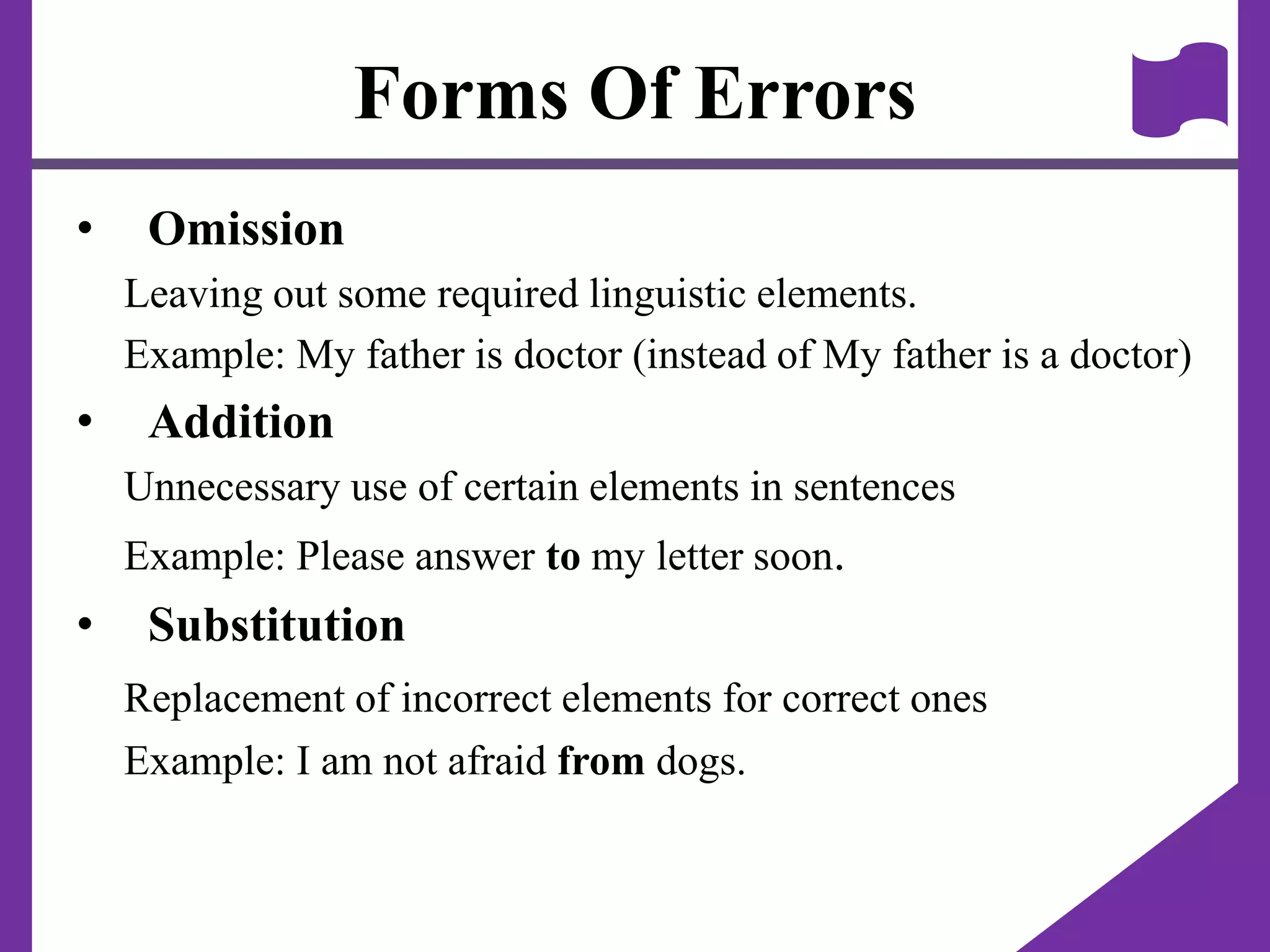 Forms Of Errors
• Omission
Leaving out some required linguistic elements.
Example: My father is doctor (instead of My father is a doctor)
• Addition
Unnecessary use of certain elements in sentences
Example: Please answer to my letter soon.
• Substitution
Replacement of incorrect elements for correct ones
Example: I am not afraid from dogs.
 