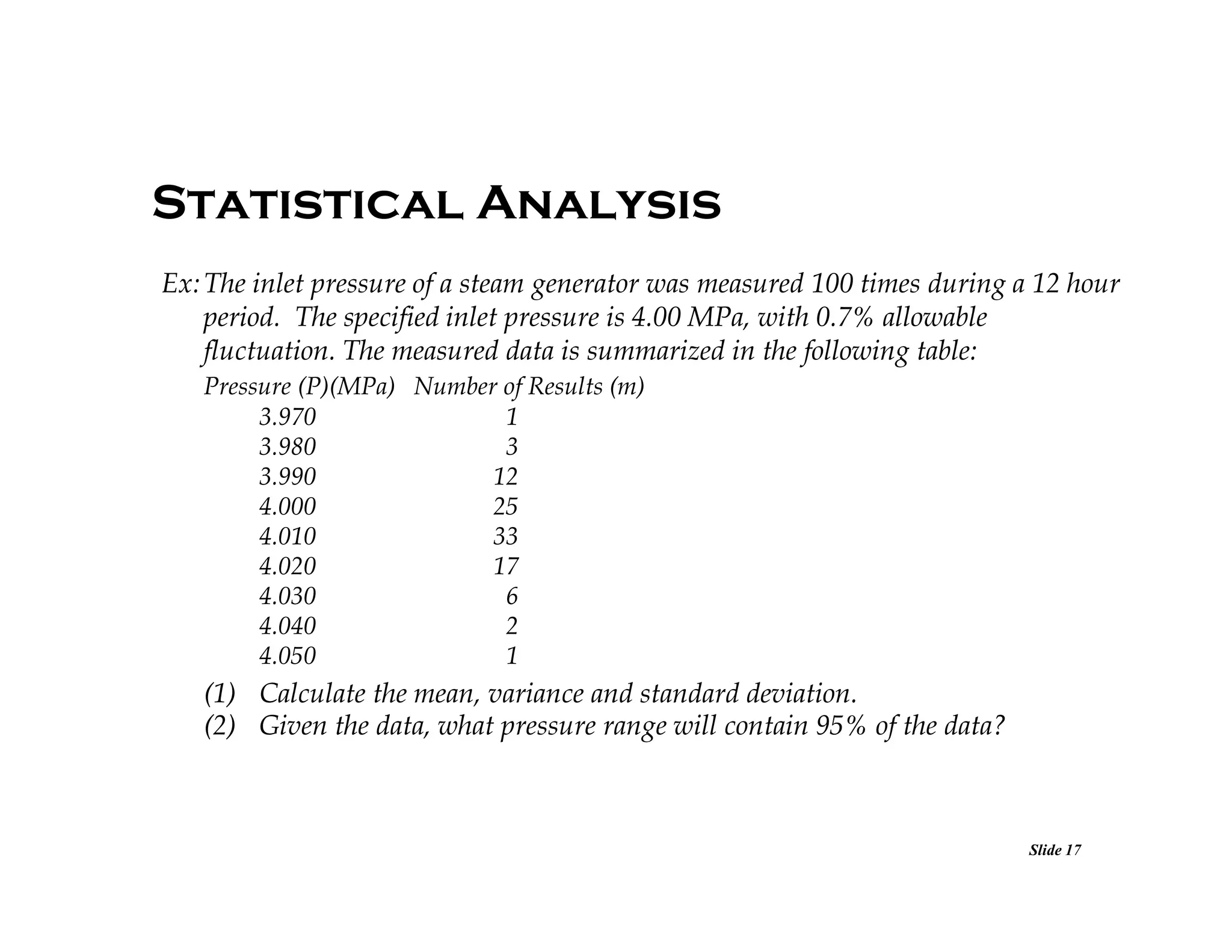 Statistical Analysis
Ex: The inlet pressure of a steam generator was measured 100 times during a 12 hour
period. The specified inlet pressure is 4.00 MPa, with 0.7% allowable
fluctuation. The measured data is summarized in the following table:
Pressure (P)(MPa) Number of Results (m)
3.970
1
3.980
3
3.990
12
4.000
25
4.010
33
4.020
17
4.030
6
4.040
2
4.050
1

(1) Calculate the mean, variance and standard deviation.
(2) Given the data, what pressure range will contain 95% of the data?

Slide 17

 