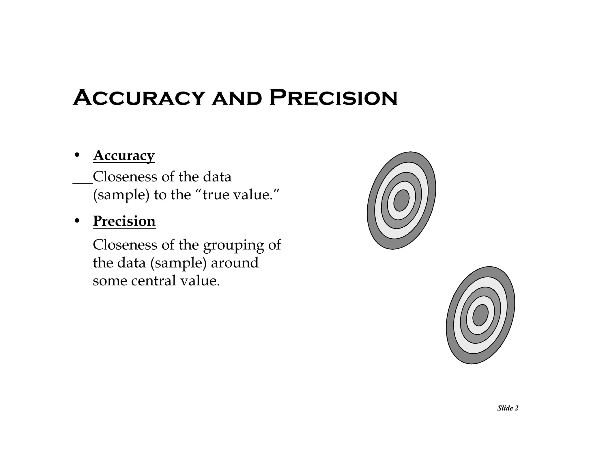 Accuracy and Precision
• Accuracy
Closeness of the data
(sample) to the “true value.”
• Precision
Closeness of the grouping of
the data (sample) around
some central value.

Slide 2

 
