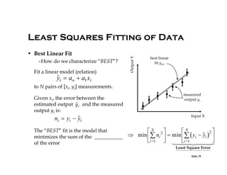 • Best Linear Fit
–How do we characterize “BEST”?
Fit a linear model (relation)

Output Y

Least Squares Fitting of Data
best linear
fit yest


yi  ao  a1 xi

to N pairs of [xi, yi] measurements.
Given xi, the error between the

estimated output y i and the measured
output yi is:


ni  yi  yi

measured
output yi

Input X

The “BEST” fit is the model that
 N 2
N
2

 min   ni   min   yi  yi  
minimizes the sum of the ___________
 i=1   
i=1


of the error
Least Square Error
Slide 29

 