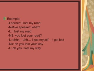 Example:
-Learner: I lost my road
-Native speaker: what?
-L: I lost my road
-NS: you lost your road?
-L: ahhh…uhh… I lost myself….i got lost
-Ns: oh you lost your way
-L: oh yes I lost my way
 