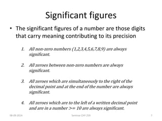 Significant figures 
• The significant figures of a number are those digits 
that carry meaning contributing to its precision 
1. All non-zero numbers (1,2,3,4,5,6,7,8,9) are always 
significant. 
2. All zeroes between non-zero numbers are always 
significant. 
3. All zeroes which are simultaneously to the right of the 
decimal point and at the end of the number are always 
significant. 
4. All zeroes which are to the left of a written decimal point 
and are in a number >= 10 are always significant. 
08-09-2014 Seminar CHY 259 7 
 