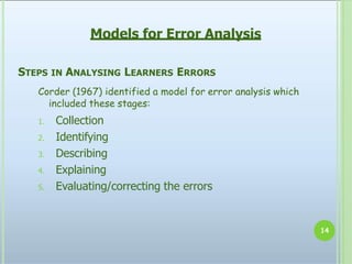 STEPS IN ANALYSING LEARNERS ERRORS
Corder (1967) identified a model for error analysis which
included these stages:
1. Collection
2. Identifying
3. Describing
4. Explaining
5. Evaluating/correcting the errors
14
Models for Error Analysis
 