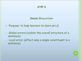 STEP 5
24
ERRORS EVALUATION
 Purpose: to help learners to learn an L2.
 Global errors (violate the overall structure of a
sentence)
 Local error (affect only a single constituent in a
sentence)
 