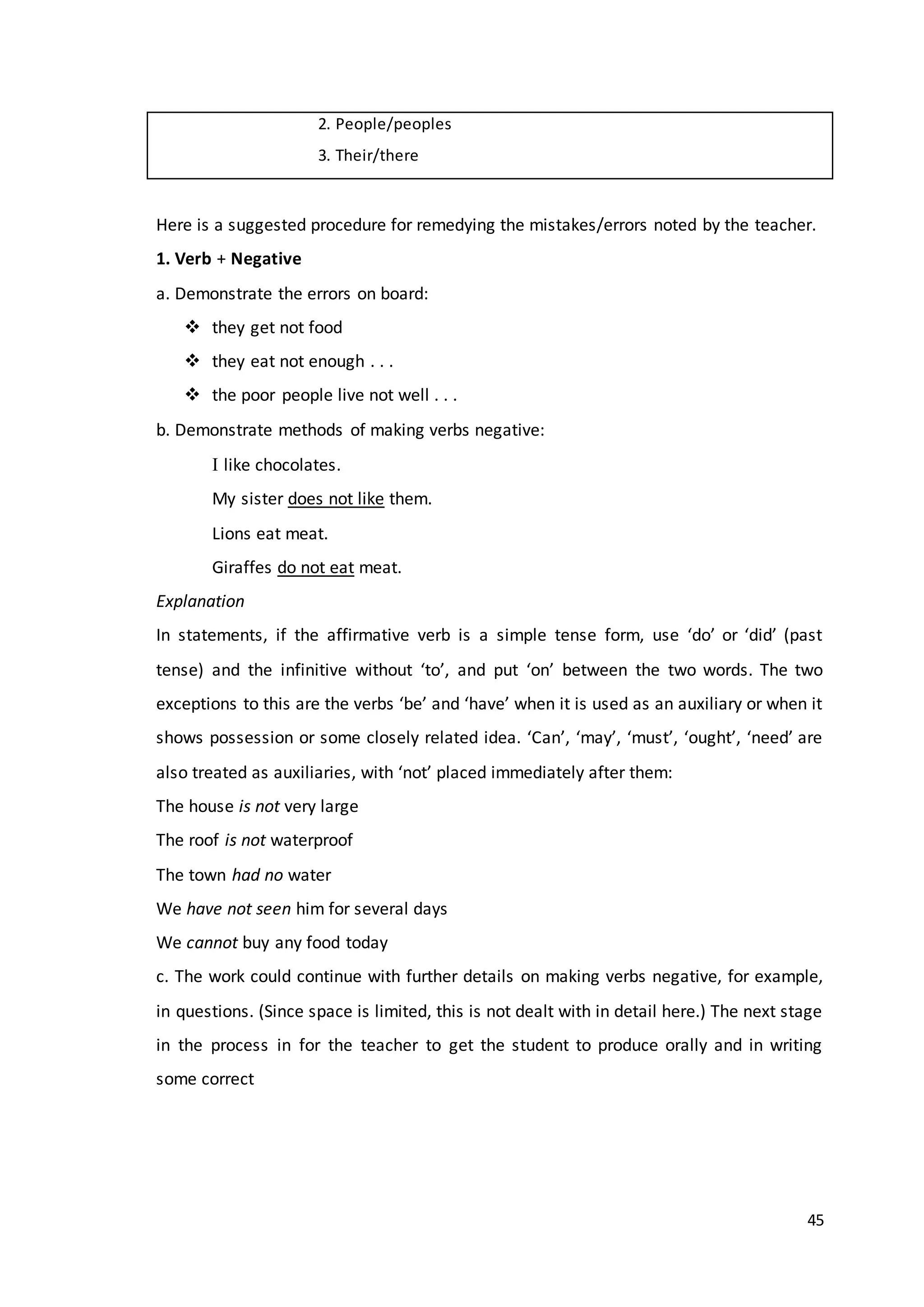 45
2. People/peoples
3. Their/there
Here is a suggested procedure for remedying the mistakes/errors noted by the teacher.
1. Verb + Negative
a. Demonstrate the errors on board:
 they get not food
 they eat not enough . . .
 the poor people live not well . . .
b. Demonstrate methods of making verbs negative:
 like chocolates.
My sister does not like them.
Lions eat meat.
Giraffes do not eat meat.
Explanation
In statements, if the affirmative verb is a simple tense form, use ‘do’ or ‘did’ (past
tense) and the infinitive without ‘to’, and put ‘on’ between the two words. The two
exceptions to this are the verbs ‘be’ and ‘have’ when it is used as an auxiliary or when it
shows possession or some closely related idea. ‘Can’, ‘may’, ‘must’, ‘ought’, ‘need’ are
also treated as auxiliaries, with ‘not’ placed immediately after them:
The house is not very large
The roof is not waterproof
The town had no water
We have not seen him for several days
We cannot buy any food today
c. The work could continue with further details on making verbs negative, for example,
in questions. (Since space is limited, this is not dealt with in detail here.) The next stage
in the process in for the teacher to get the student to produce orally and in writing
some correct
 