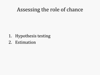 Assessing the role of chance
1. Hypothesis testing
2. Estimation
 