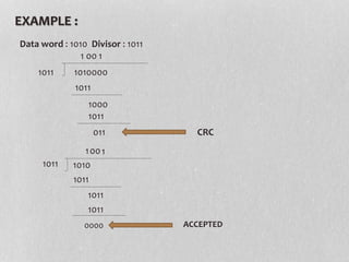 EXAMPLE :
Data word : 1010 Divisor : 1011
1011 1010000
1
1011
1000
1011
011 CRC
1011 1010
1
1011
1011
1011
0000 ACCEPTED
00 1
001
 