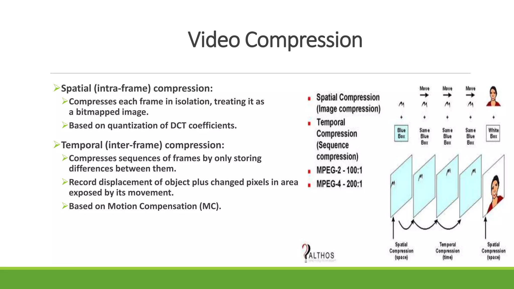 Spatial (intra-frame) compression:
Compresses each frame in isolation, treating it as
a bitmapped image.
Based on quantization of DCT coefficients.
Temporal (inter-frame) compression:
Compresses sequences of frames by only storing
differences between them.
Record displacement of object plus changed pixels in area
exposed by its movement.
Based on Motion Compensation (MC).
Video Compression
 