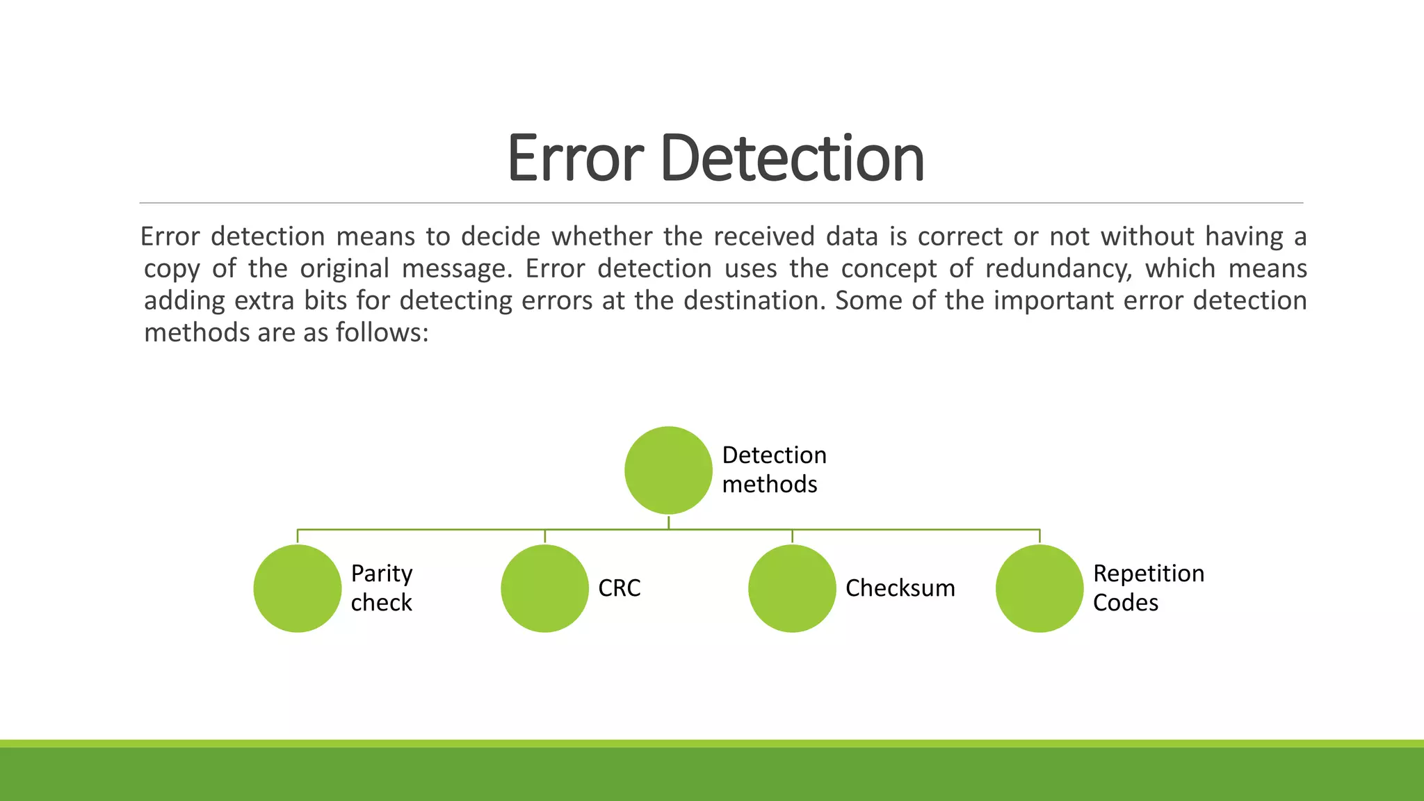 Error Detection
Error detection means to decide whether the received data is correct or not without having a
copy of the original message. Error detection uses the concept of redundancy, which means
adding extra bits for detecting errors at the destination. Some of the important error detection
methods are as follows:
Detection
methods
Parity
check
CRC Checksum
Repetition
Codes
 