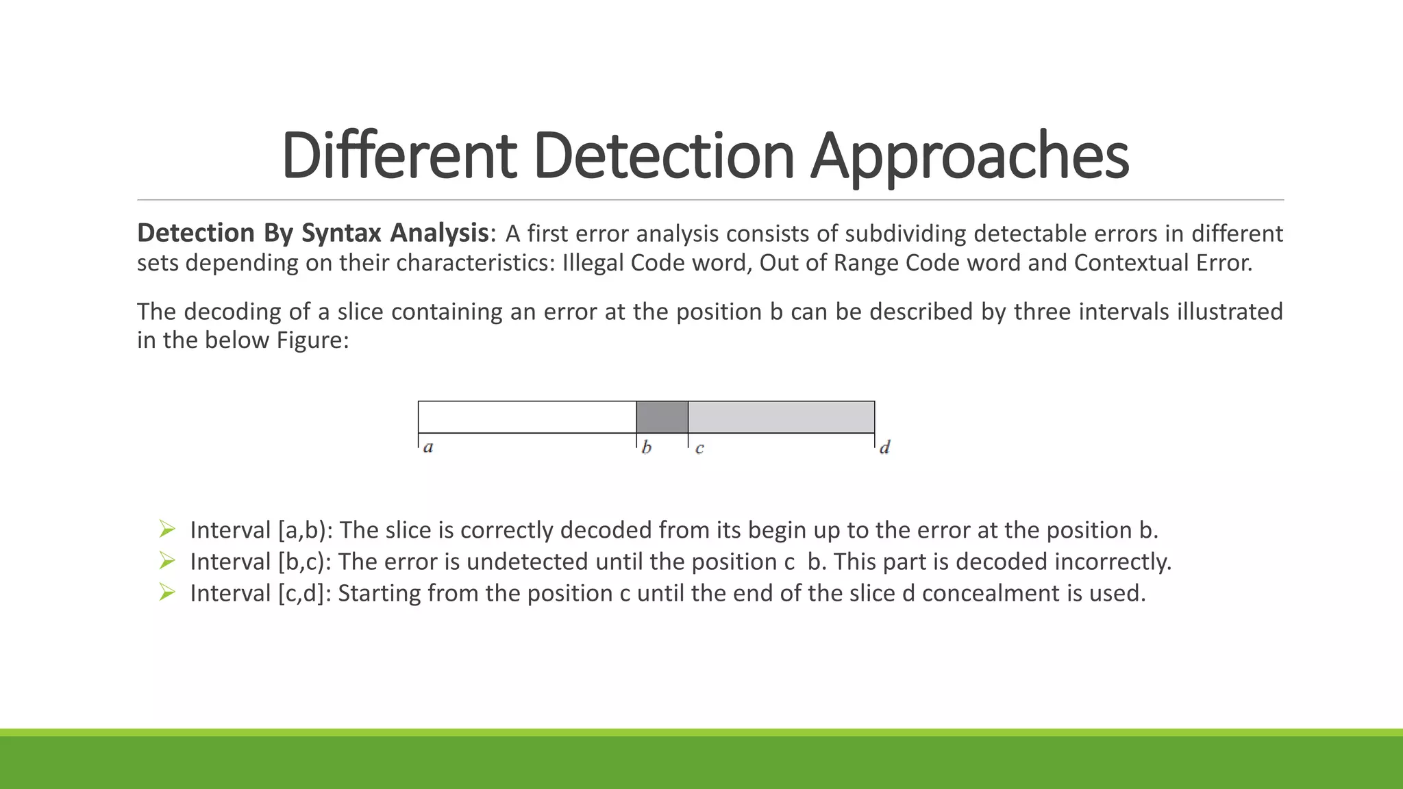 Different Detection Approaches
Detection By Syntax Analysis: A first error analysis consists of subdividing detectable errors in different
sets depending on their characteristics: Illegal Code word, Out of Range Code word and Contextual Error.
The decoding of a slice containing an error at the position b can be described by three intervals illustrated
in the below Figure:
 Interval [a,b): The slice is correctly decoded from its begin up to the error at the position b.
 Interval [b,c): The error is undetected until the position c b. This part is decoded incorrectly.
 Interval [c,d]: Starting from the position c until the end of the slice d concealment is used.
 