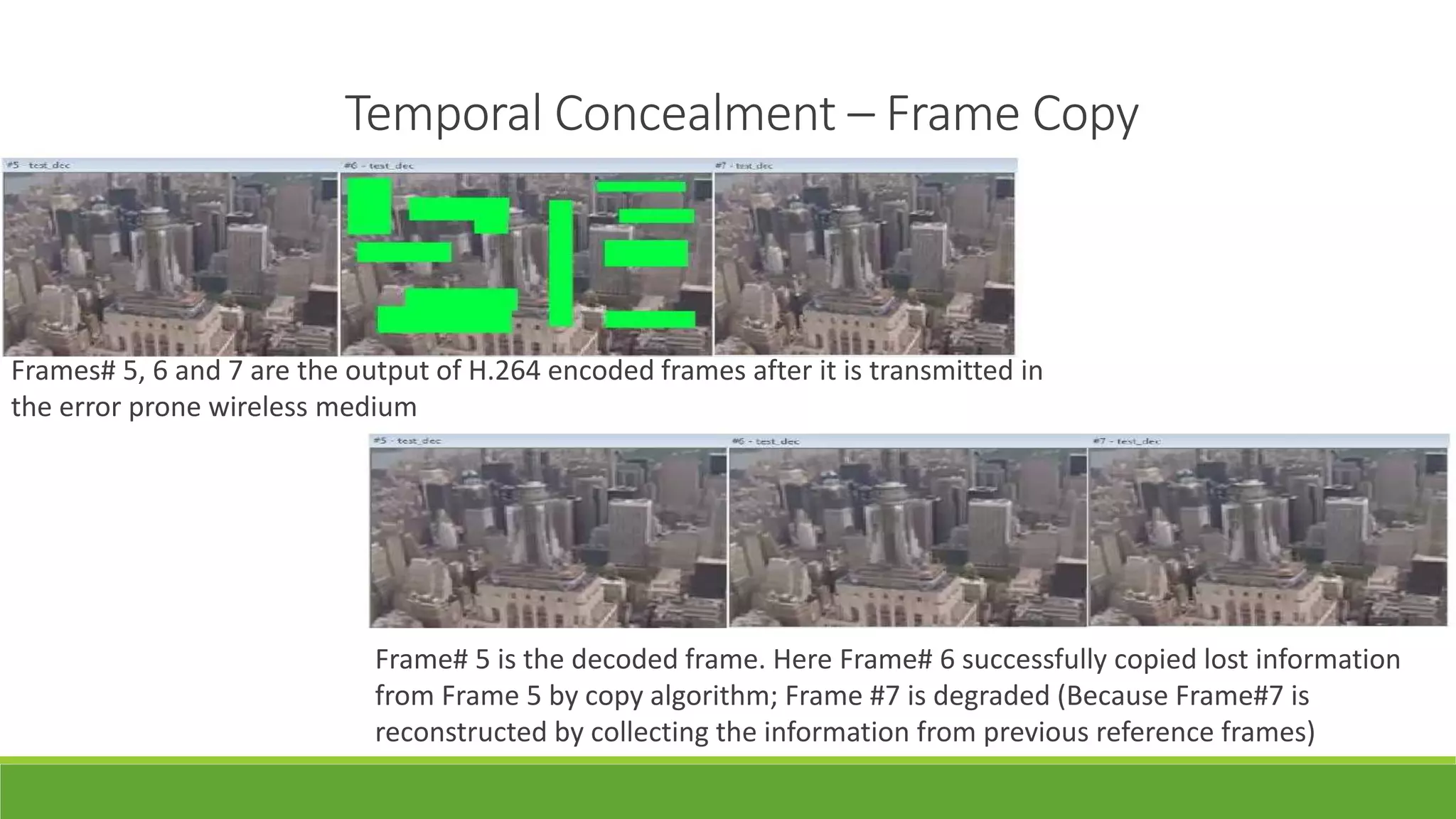 Temporal Concealment – Frame Copy
Frames# 5, 6 and 7 are the output of H.264 encoded frames after it is transmitted in
the error prone wireless medium
Frame# 5 is the decoded frame. Here Frame# 6 successfully copied lost information
from Frame 5 by copy algorithm; Frame #7 is degraded (Because Frame#7 is
reconstructed by collecting the information from previous reference frames)
 