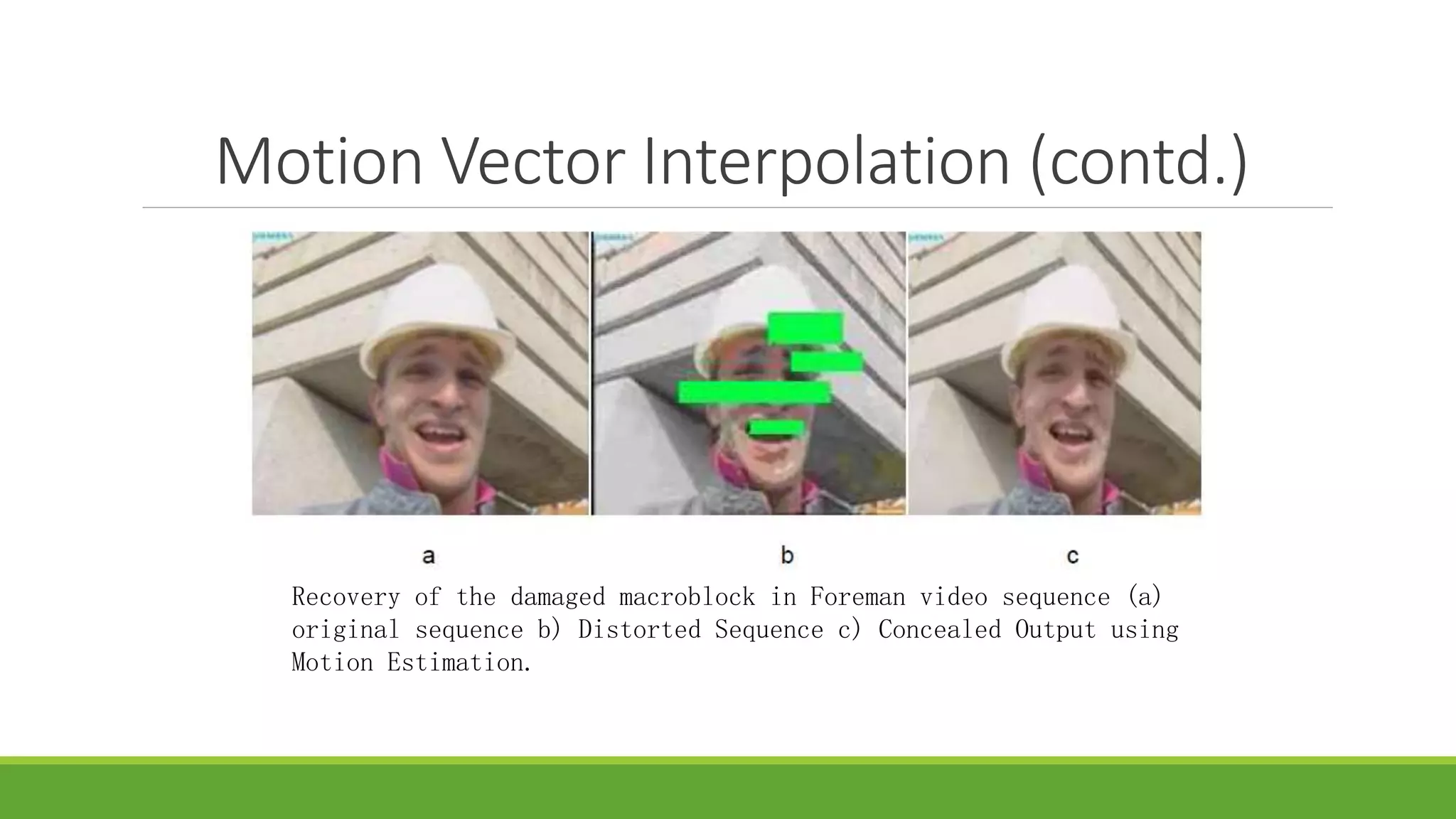 Motion Vector Interpolation (contd.)
Recovery of the damaged macroblock in Foreman video sequence (a)
original sequence b) Distorted Sequence c) Concealed Output using
Motion Estimation.
 