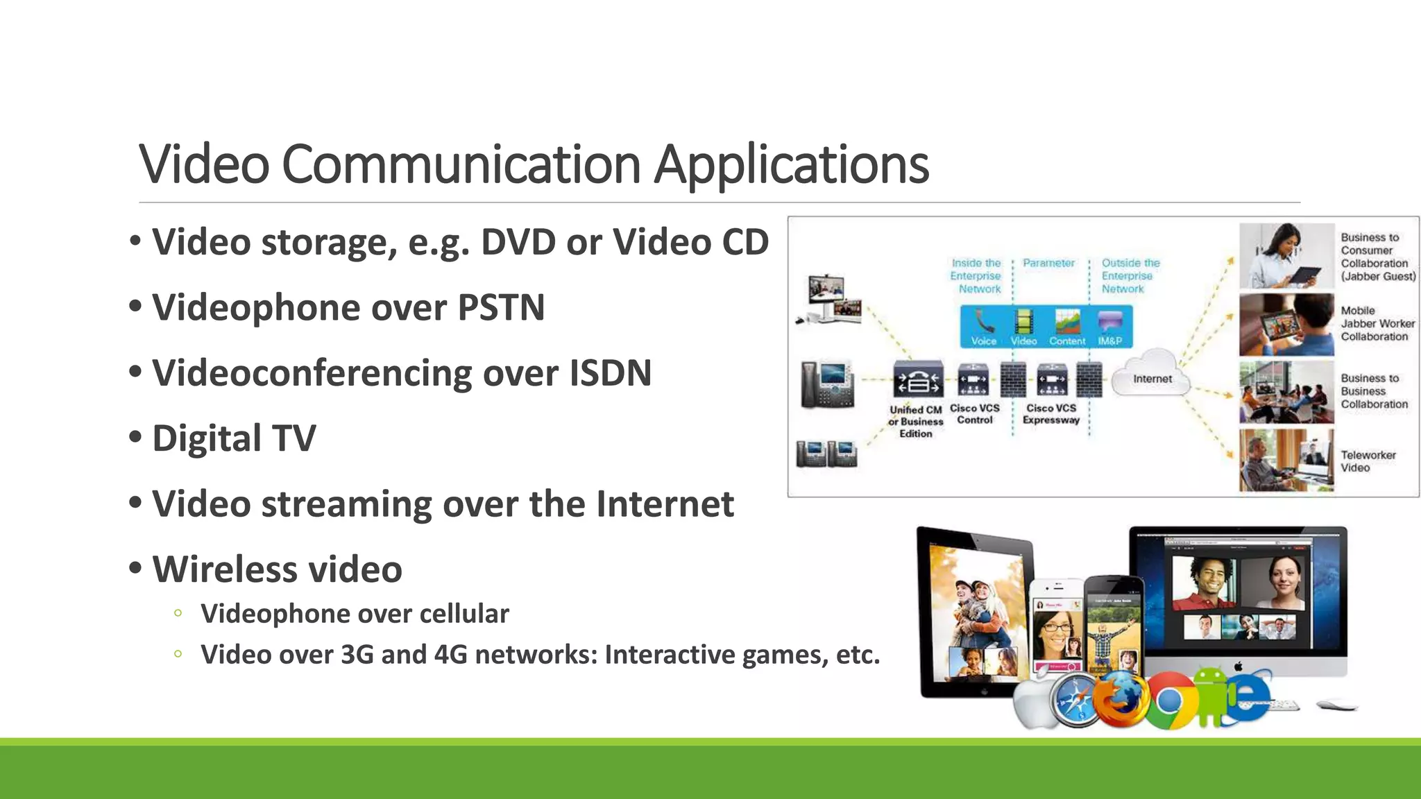 Video Communication Applications
• Video storage, e.g. DVD or Video CD
• Videophone over PSTN
• Videoconferencing over ISDN
• Digital TV
• Video streaming over the Internet
• Wireless video
◦ Videophone over cellular
◦ Video over 3G and 4G networks: Interactive games, etc.
 