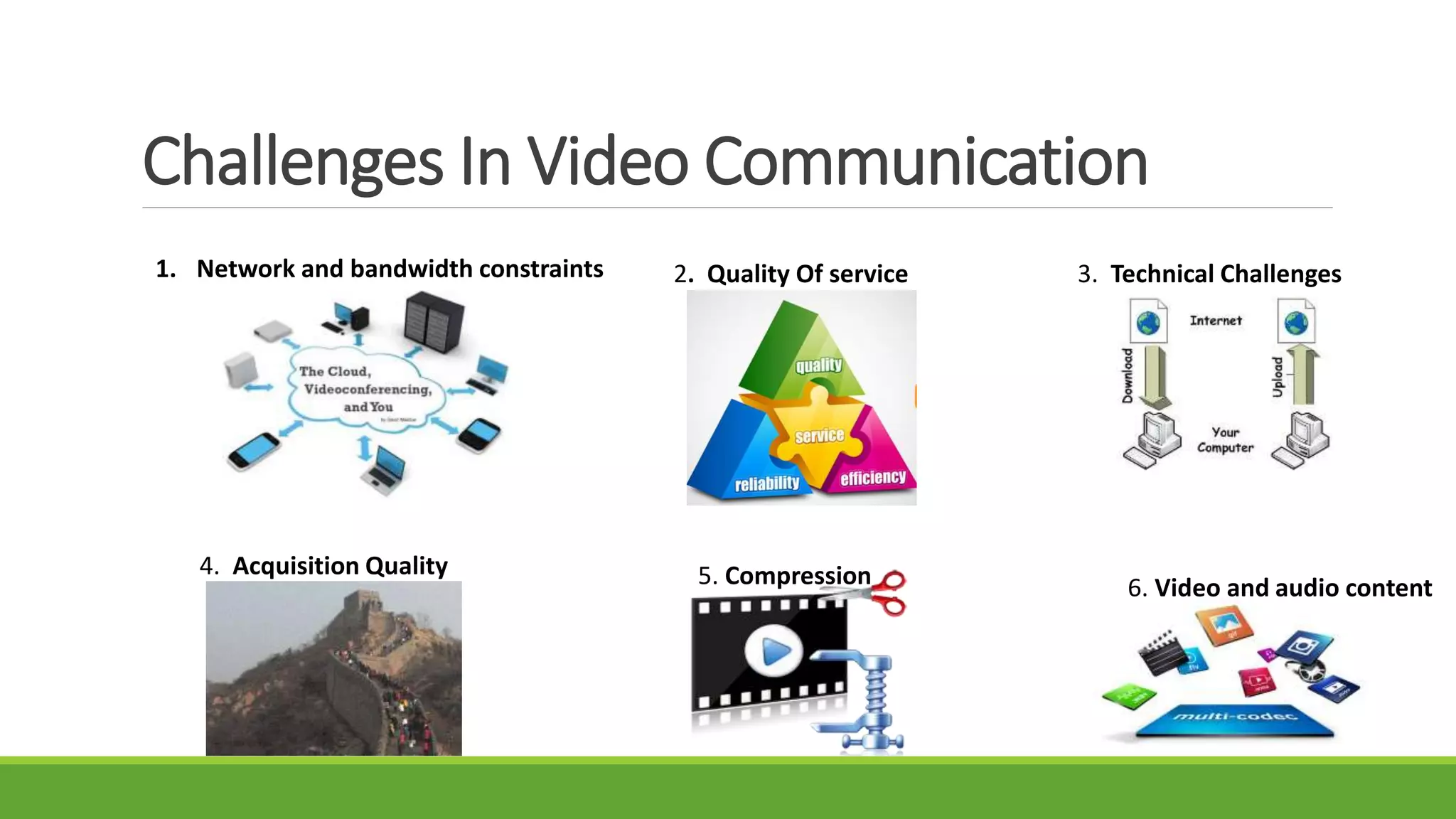 Challenges In Video Communication
1. Network and bandwidth constraints 2. Quality Of service 3. Technical Challenges
4. Acquisition Quality 5. Compression 6. Video and audio content
 