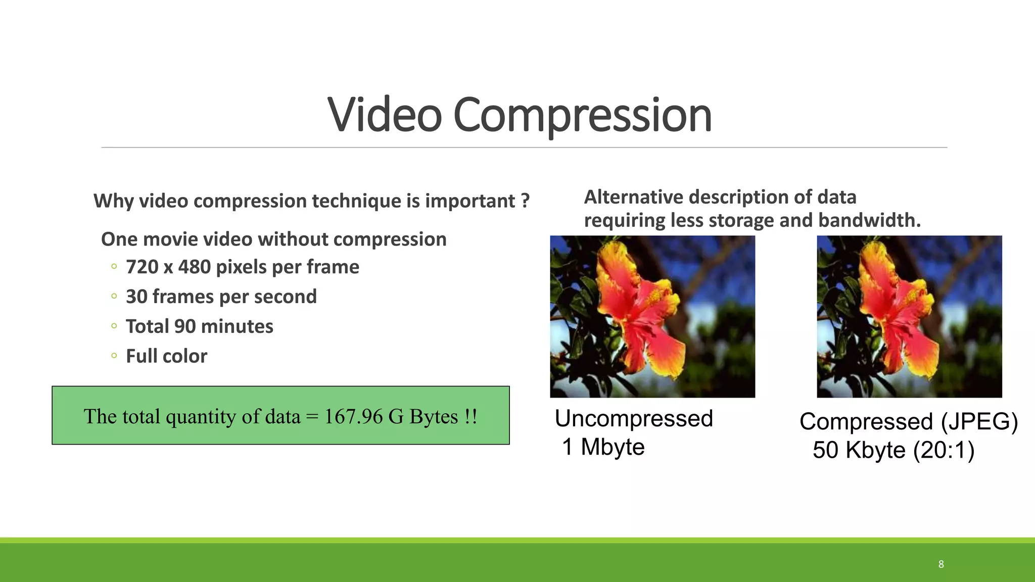 8
Video Compression
Why video compression technique is important ?
One movie video without compression
◦ 720 x 480 pixels per frame
◦ 30 frames per second
◦ Total 90 minutes
◦ Full color
The total quantity of data = 167.96 G Bytes !!
Alternative description of data
requiring less storage and bandwidth.
Uncompressed
1 Mbyte
Compressed (JPEG)
50 Kbyte (20:1)
 