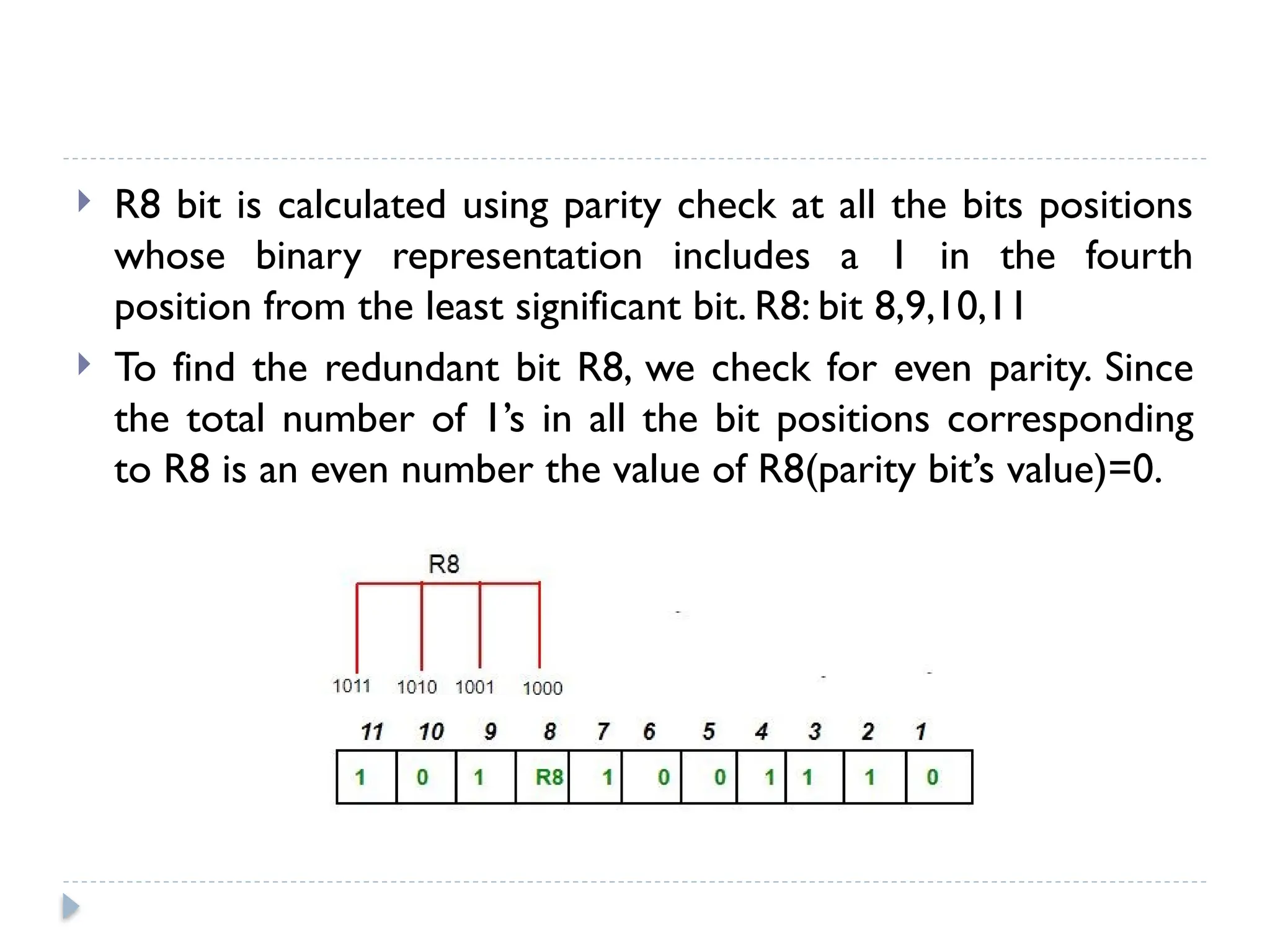  R8 bit is calculated using parity check at all the bits positions
whose binary representation includes a 1 in the fourth
position from the least significant bit. R8: bit 8,9,10,11
 To find the redundant bit R8, we check for even parity. Since
the total number of 1’s in all the bit positions corresponding
to R8 is an even number the value of R8(parity bit’s value)=0.
 