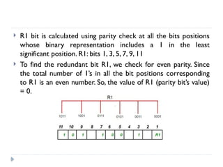  R1 bit is calculated using parity check at all the bits positions
whose binary representation includes a 1 in the least
significant position. R1: bits 1, 3, 5, 7, 9, 11
 To find the redundant bit R1, we check for even parity. Since
the total number of 1’s in all the bit positions corresponding
to R1 is an even number. So, the value of R1 (parity bit’s value)
= 0.
 