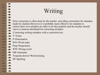 Writing
Error correction is often done by the teacher providing corrections for mistakes
made by students.However it is probably more effective for students to
correct their own mistakes.In order to do this,students and the teacher should
have a common shorthand for correcting mistakes.
Correcting writing mistakes with a correction key:
T=Tense
P=Ponctuation
WO=Word order
Prep=Preposition
WW=Wrong word
GR=Grammar
Y(upside down)=Word missing
SP=Spelling
 