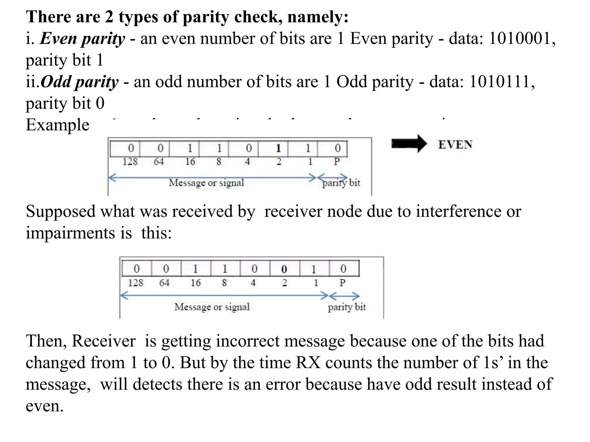 There are 2 types of parity check, namely:
i. Even parity - an even number of bits are 1 Even parity - data: 1010001,
parity bit 1
ii.Odd parity - an odd number of bits are 1 Odd parity - data: 1010111,
parity bit 0
Example :- 1.sender and receiver both agreed on even parity
Supposed what was received by receiver node due to interference or
impairments is this:
Then, Receiver is getting incorrect message because one of the bits had
changed from 1 to 0. But by the time RX counts the number of 1s’ in the
message, will detects there is an error because have odd result instead of
even.
 