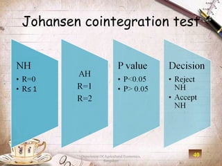 Johansen cointegration test




         Department Of Agricultural Economics,   40
                      Bangalore
 