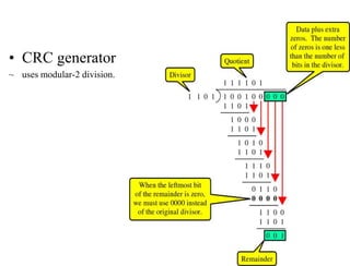 • CRC generator
~ uses modular-2 division.
Binary Division
in a
CRC Generator
 