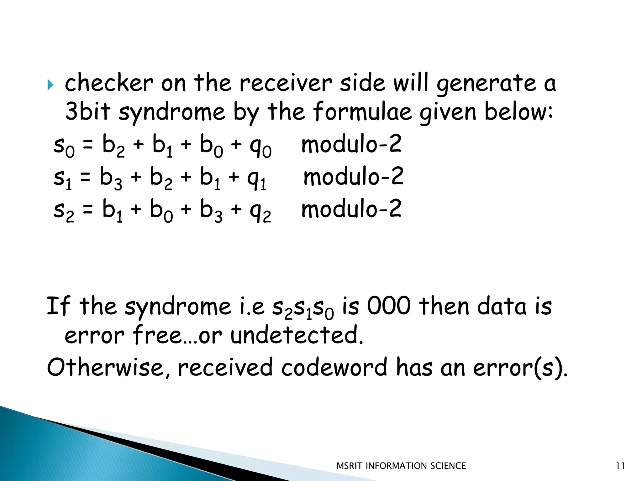 Modulo 3- Remainder after division can be either 0,1 or 2....Modulo n- Remainder after division can be either 0,1,2….n-1.5MSRIT INFORMATION SCIENCE