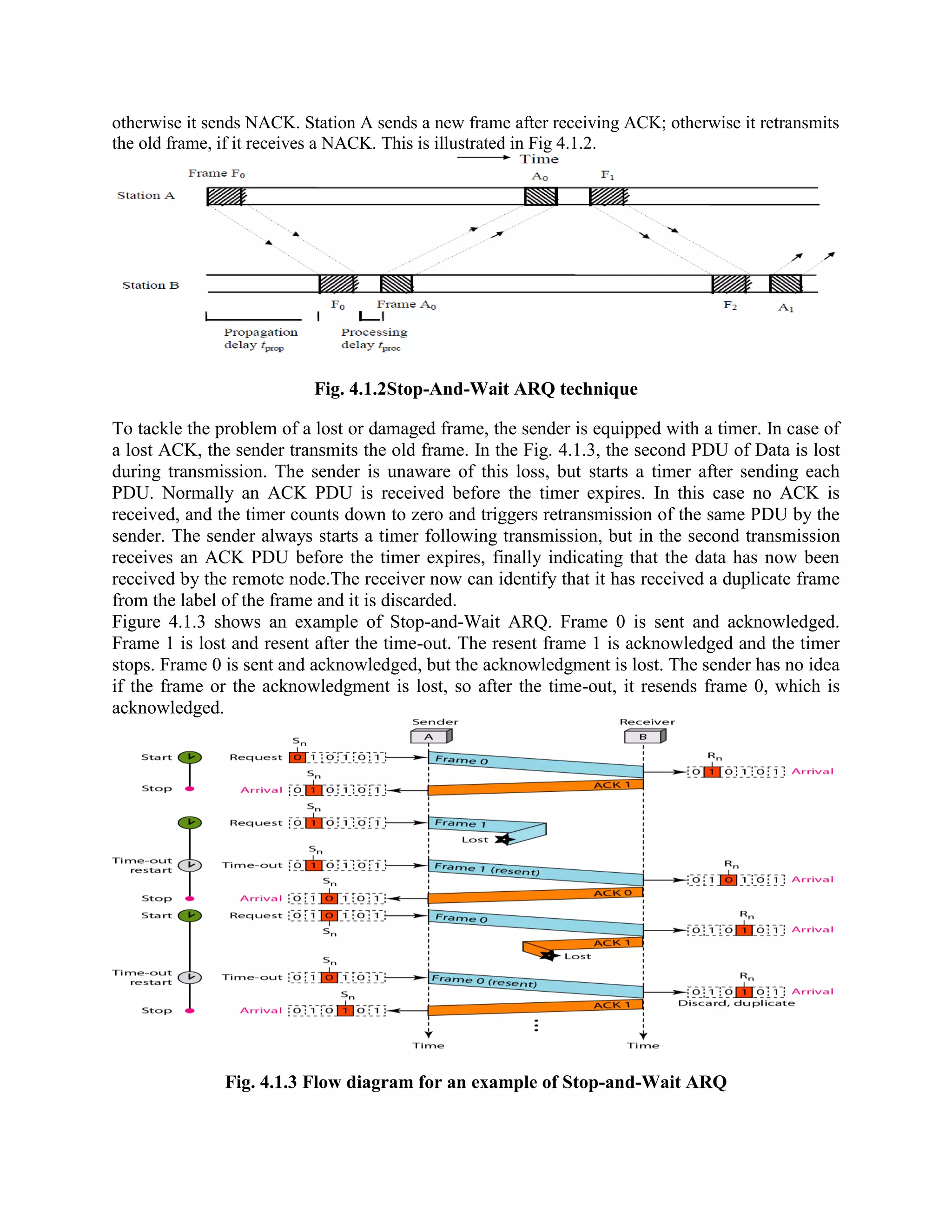 otherwise it sends NACK. Station A sends a new frame after receiving ACK; otherwise it retransmits
the old frame, if it receives a NACK. This is illustrated in Fig 4.1.2.
Fig. 4.1.2Stop-And-Wait ARQ technique
To tackle the problem of a lost or damaged frame, the sender is equipped with a timer. In case of
a lost ACK, the sender transmits the old frame. In the Fig. 4.1.3, the second PDU of Data is lost
during transmission. The sender is unaware of this loss, but starts a timer after sending each
PDU. Normally an ACK PDU is received before the timer expires. In this case no ACK is
received, and the timer counts down to zero and triggers retransmission of the same PDU by the
sender. The sender always starts a timer following transmission, but in the second transmission
receives an ACK PDU before the timer expires, finally indicating that the data has now been
received by the remote node.The receiver now can identify that it has received a duplicate frame
from the label of the frame and it is discarded.
Figure 4.1.3 shows an example of Stop-and-Wait ARQ. Frame 0 is sent and acknowledged.
Frame 1 is lost and resent after the time-out. The resent frame 1 is acknowledged and the timer
stops. Frame 0 is sent and acknowledged, but the acknowledgment is lost. The sender has no idea
if the frame or the acknowledgment is lost, so after the time-out, it resends frame 0, which is
acknowledged.
Fig. 4.1.3 Flow diagram for an example of Stop-and-Wait ARQ
 