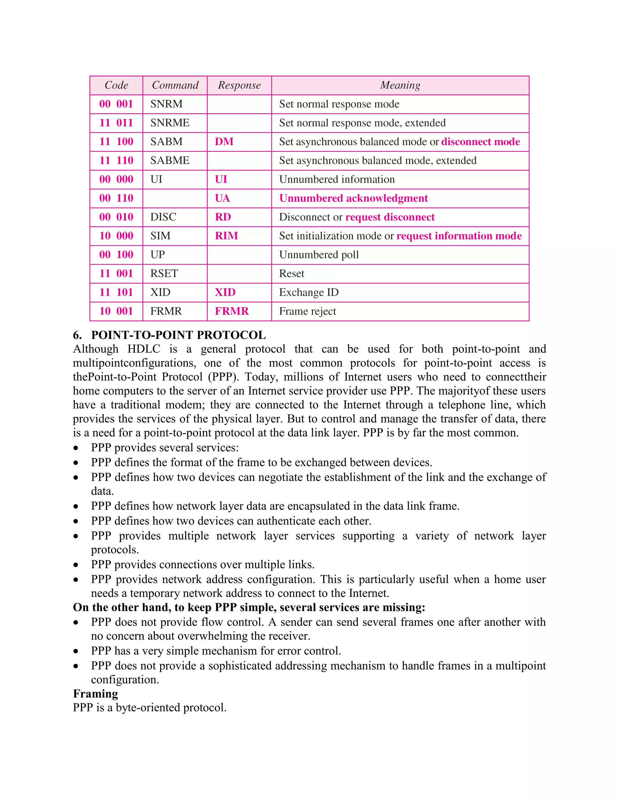 6. POINT-TO-POINT PROTOCOL
Although HDLC is a general protocol that can be used for both point-to-point and
multipointconfigurations, one of the most common protocols for point-to-point access is
thePoint-to-Point Protocol (PPP). Today, millions of Internet users who need to connecttheir
home computers to the server of an Internet service provider use PPP. The majorityof these users
have a traditional modem; they are connected to the Internet through a telephone line, which
provides the services of the physical layer. But to control and manage the transfer of data, there
is a need for a point-to-point protocol at the data link layer. PPP is by far the most common.
PPP provides several services:
PPP defines the format of the frame to be exchanged between devices.
PPP defines how two devices can negotiate the establishment of the link and the exchange of
data.
PPP defines how network layer data are encapsulated in the data link frame.
PPP defines how two devices can authenticate each other.
PPP provides multiple network layer services supporting a variety of network layer
protocols.
PPP provides connections over multiple links.
PPP provides network address configuration. This is particularly useful when a home user
needs a temporary network address to connect to the Internet.
On the other hand, to keep PPP simple, several services are missing:
PPP does not provide flow control. A sender can send several frames one after another with
no concern about overwhelming the receiver.
PPP has a very simple mechanism for error control.
PPP does not provide a sophisticated addressing mechanism to handle frames in a multipoint
configuration.
Framing
PPP is a byte-oriented protocol.
 